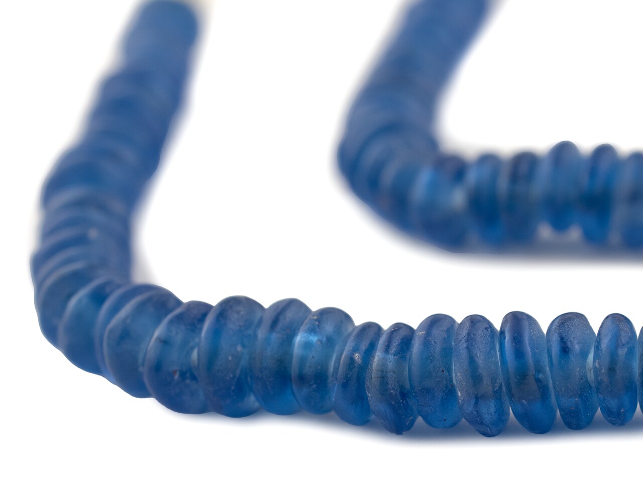 The Bead Chest African Disk Recycled Glass Beads - Full Strand of Eco-Friendly Ghanaian Rondelle Beads (Blue)